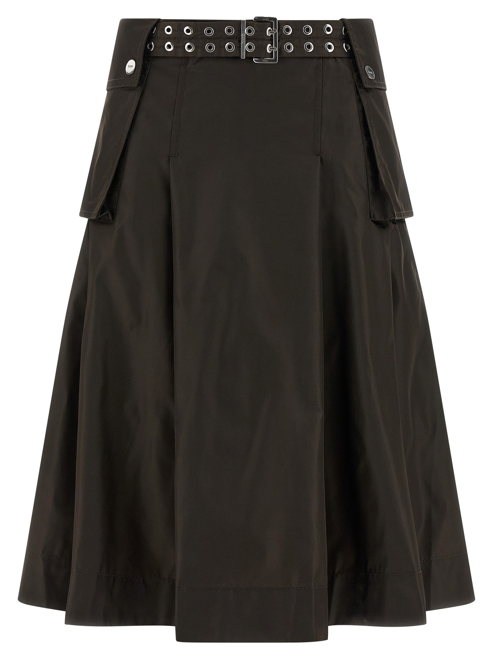 Ganni Duchesse Nylon Pleated Skirt Brown