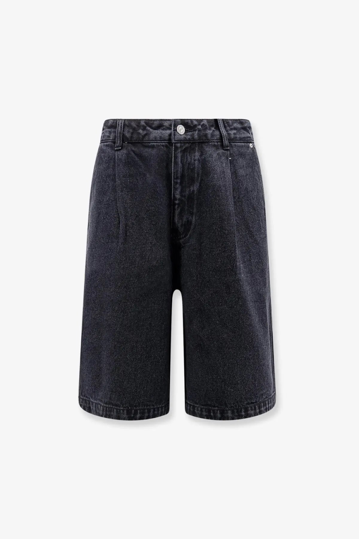 Dark-wash back view denim bermuda shorts with high waist and straight-leg cut in black by dunst men’s collection