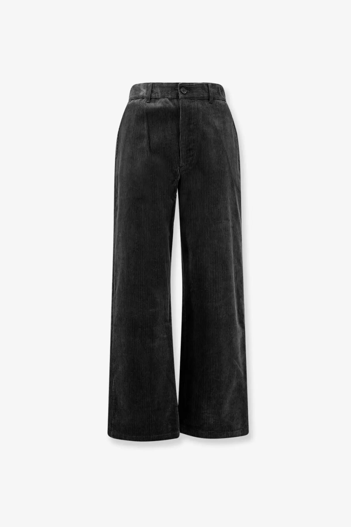 DUNST men’s black corduroy trousers featuring wide leg, high waist, and button closure for stylish comfort