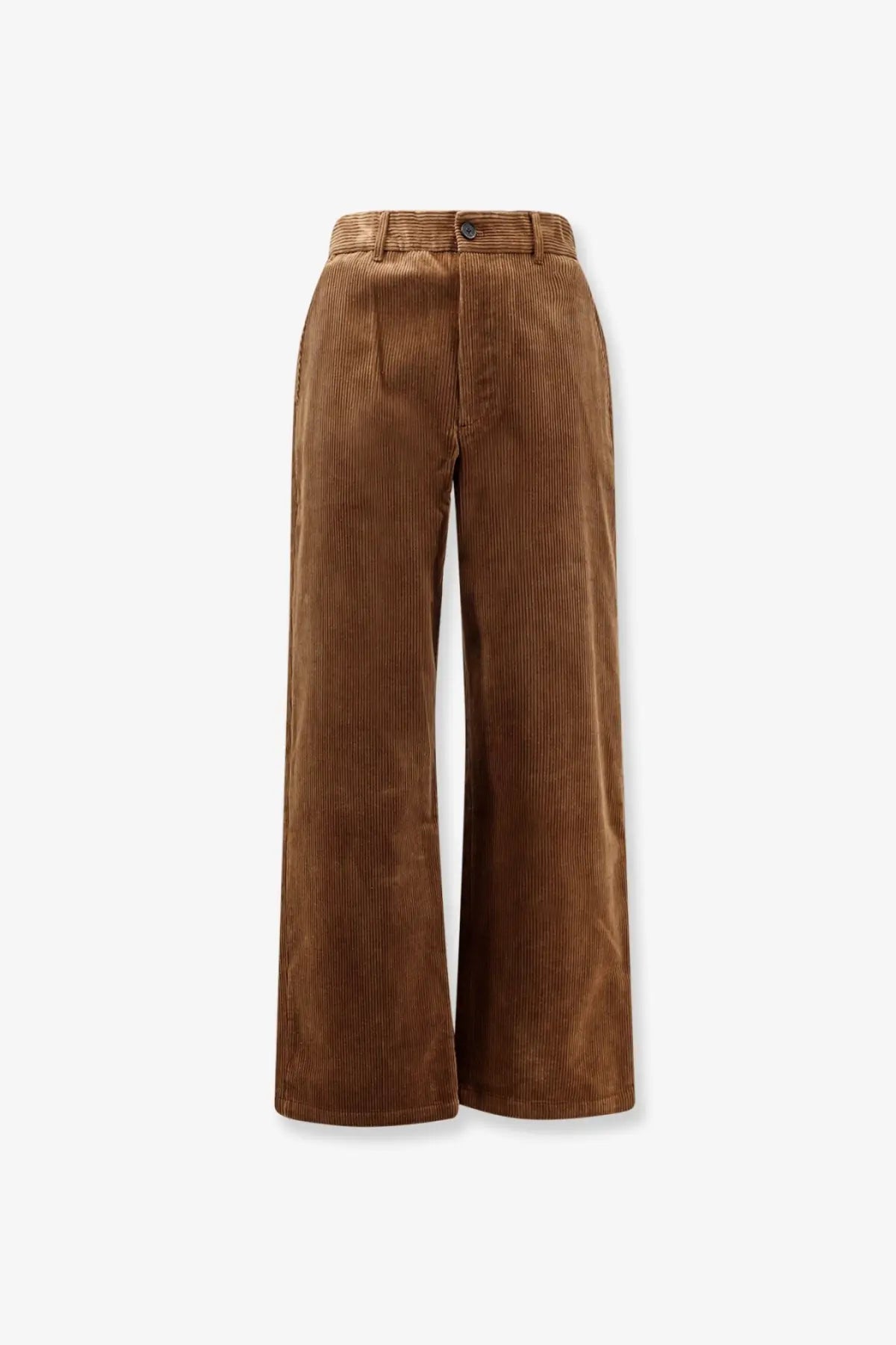 Brown corduroy wide-leg trousers with classic button closure and subtle vertical ribbing by dunst men’s corduroy trousers brown