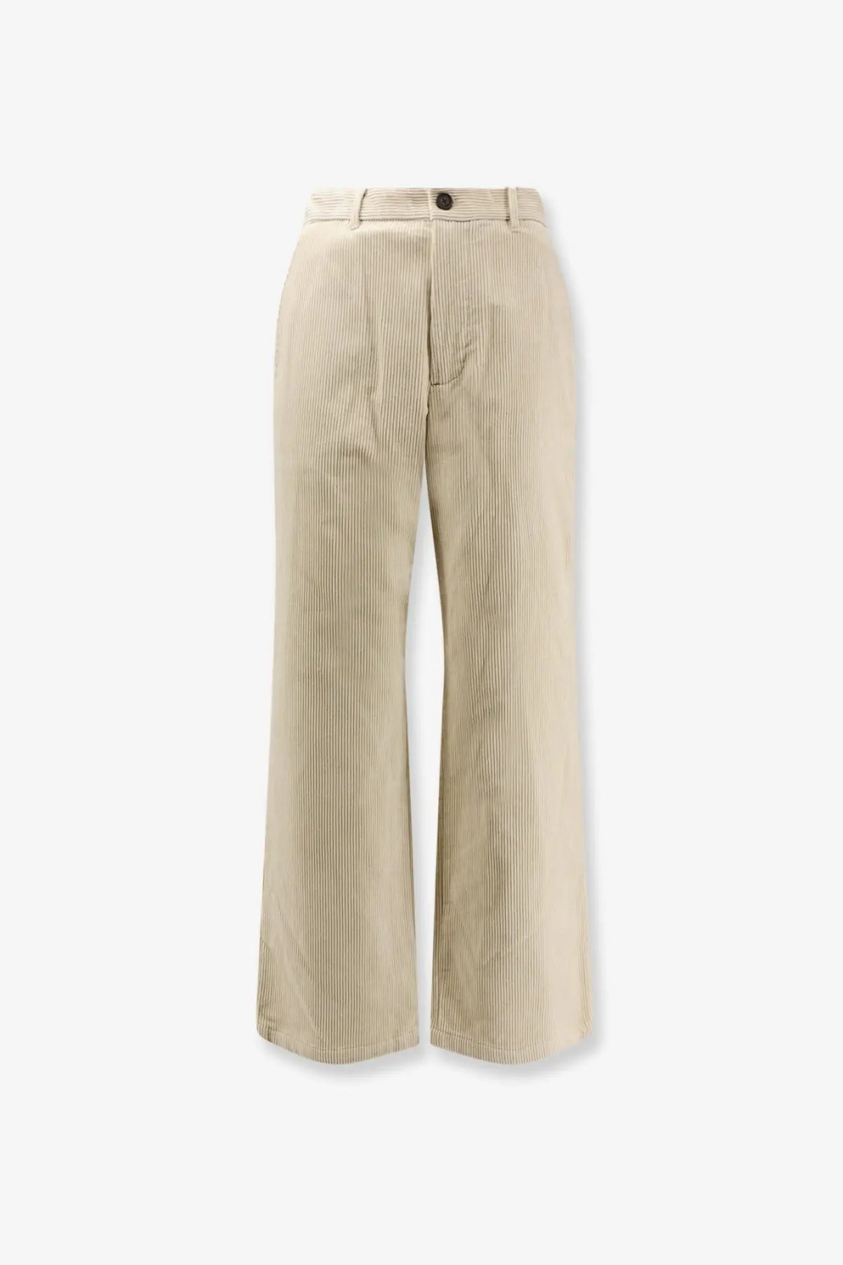 Beige dunst men’s corduroy trousers with subtle vertical ribbed texture and single button closure at the waist