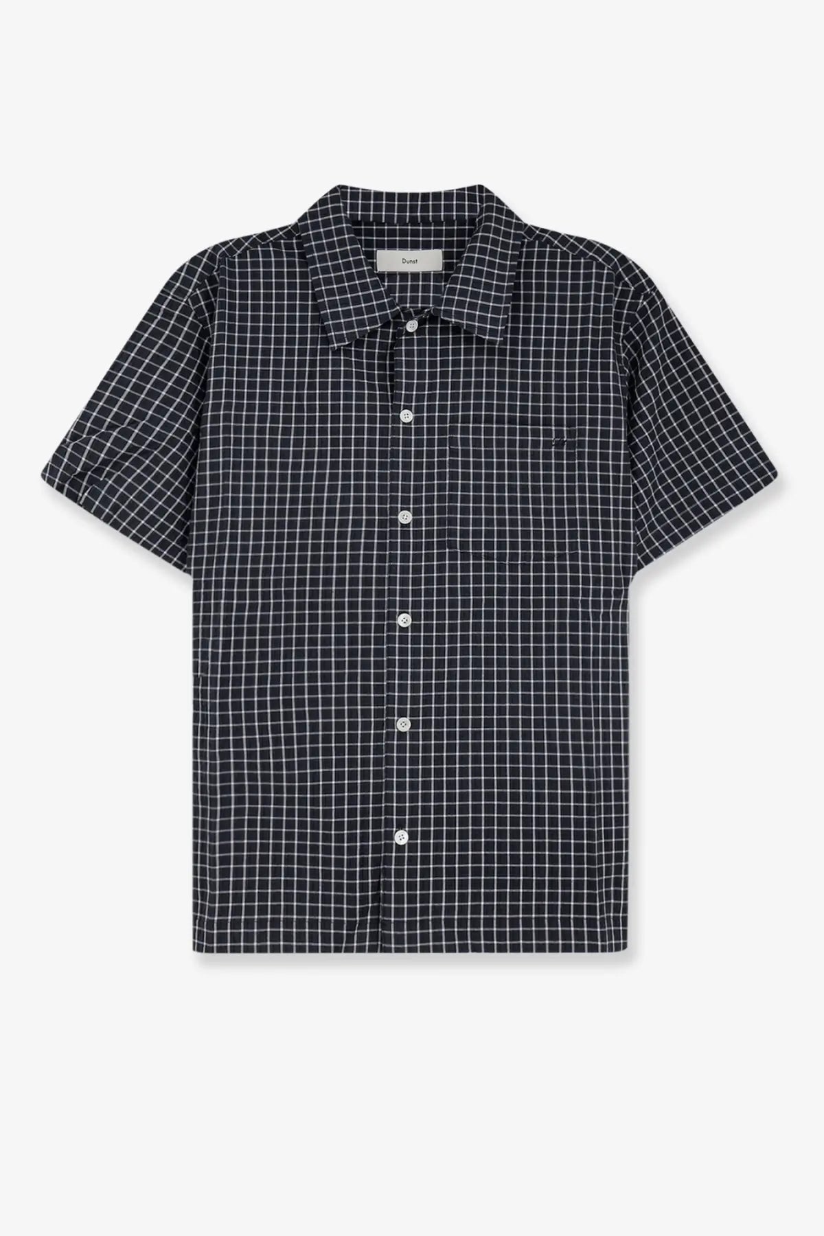 Black and white checkered short-sleeved button-up cotton blend shirt with collar by dunst for men