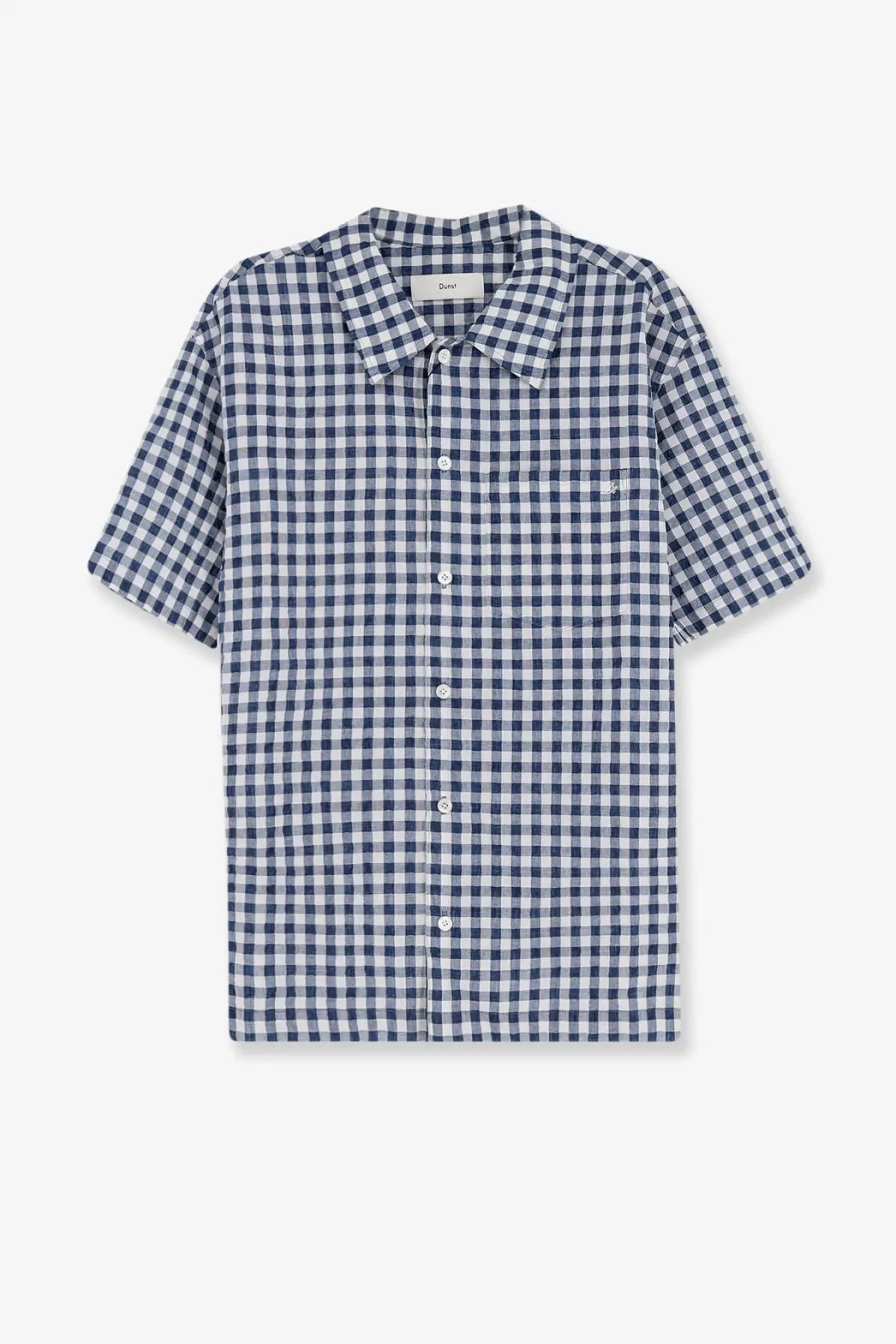DUNST men’s blue and white gingham cotton blend short-sleeved button-up shirt with collar