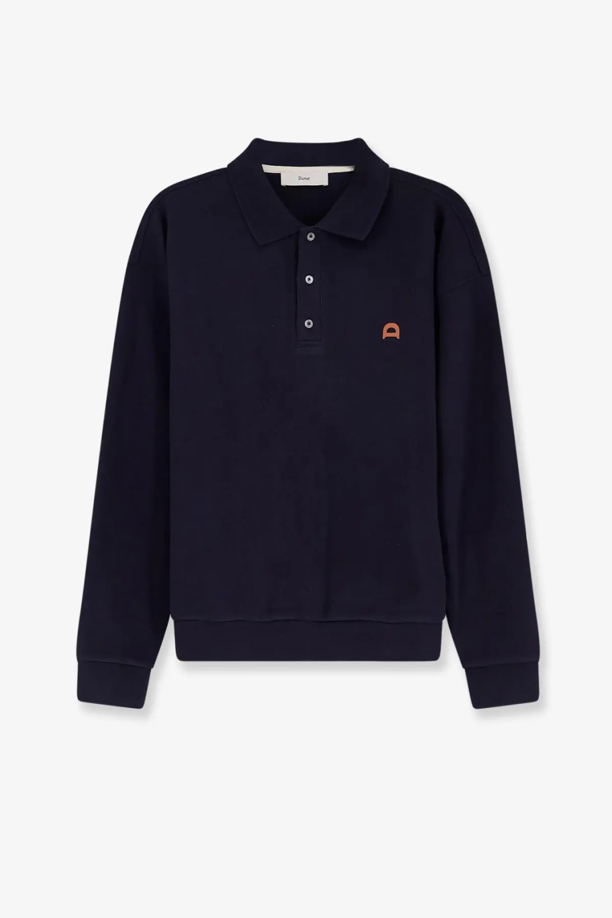 Dunst men’s cotton polo shirt in navy blue with long sleeves and small orange embroidered logo on left chest