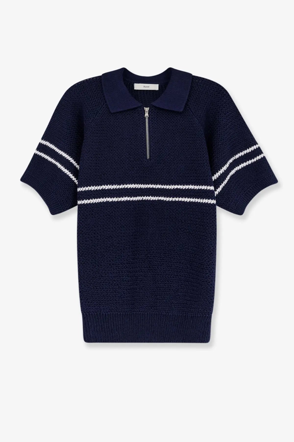 Dunst men’s half zip cotton blend sweater in navy blue with white stripes and ribbed cuffs and hem