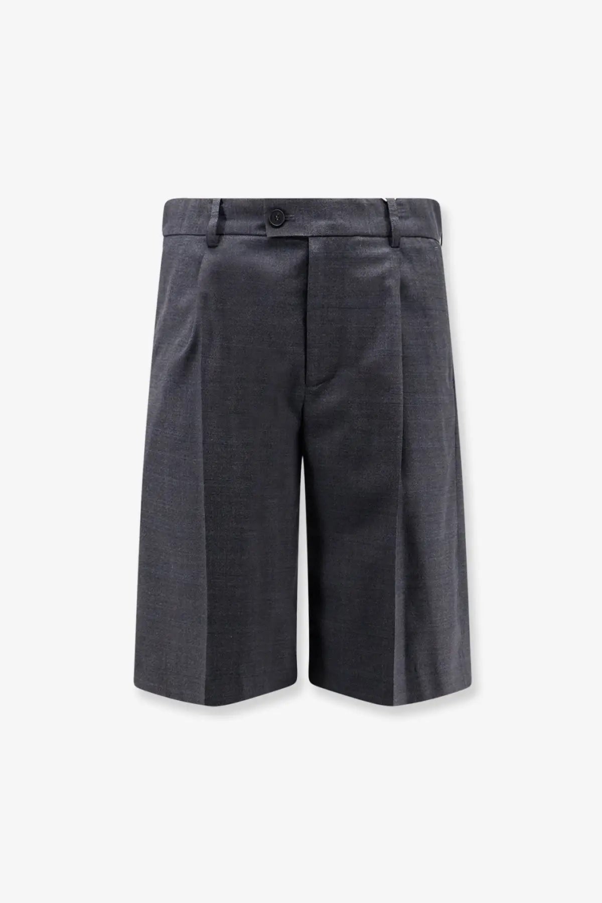 Dark gray tailored fit DUNST men’s pleated check wool blend bermuda shorts with button closure
