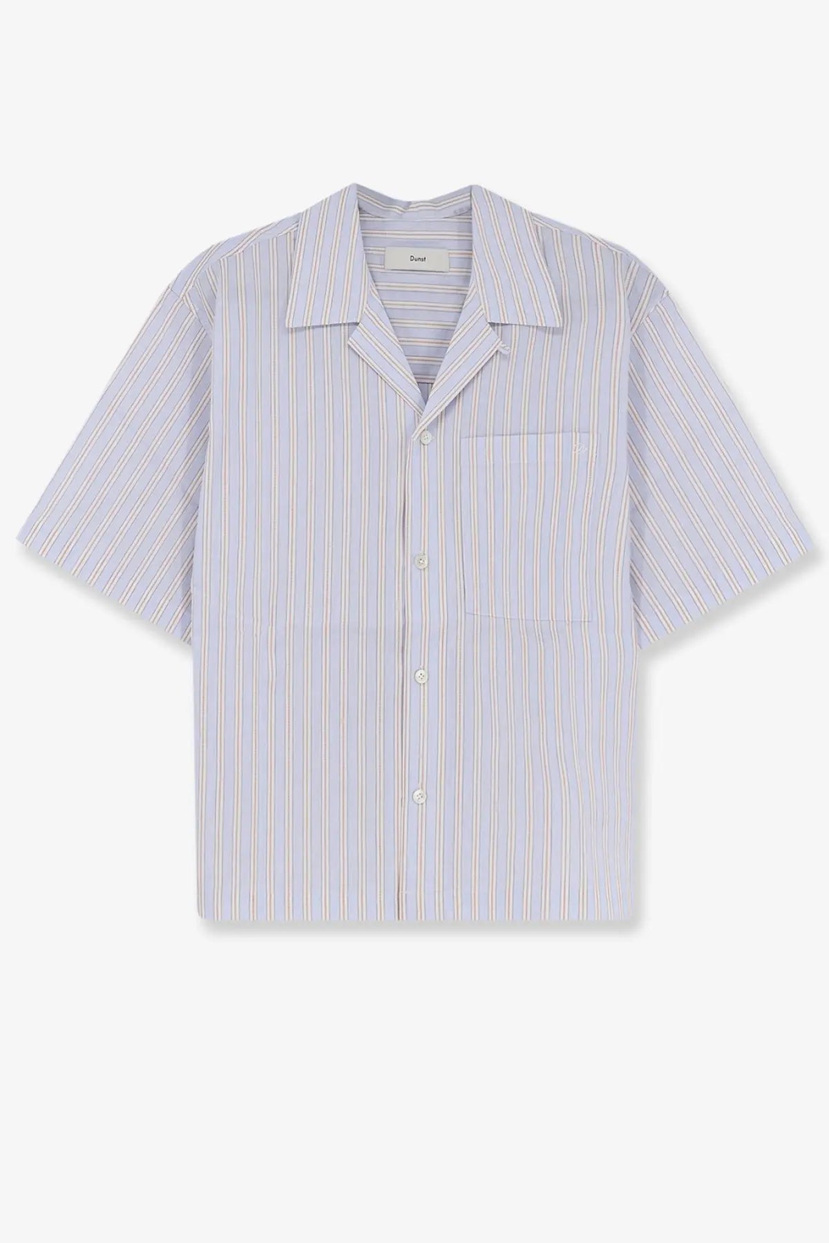 DUNST men’s striped cotton shirt in light blue and white with short sleeves and a collar for casual wear