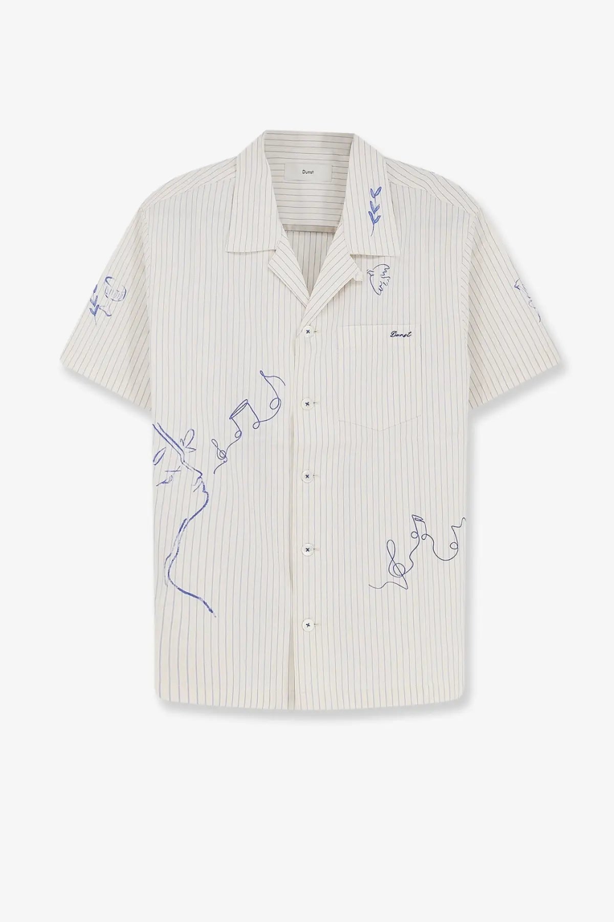 A cream-colored short-sleeved button-up shirt with fine vertical stripes and delicate purple line drawings of musical notes, faces, and leaves.