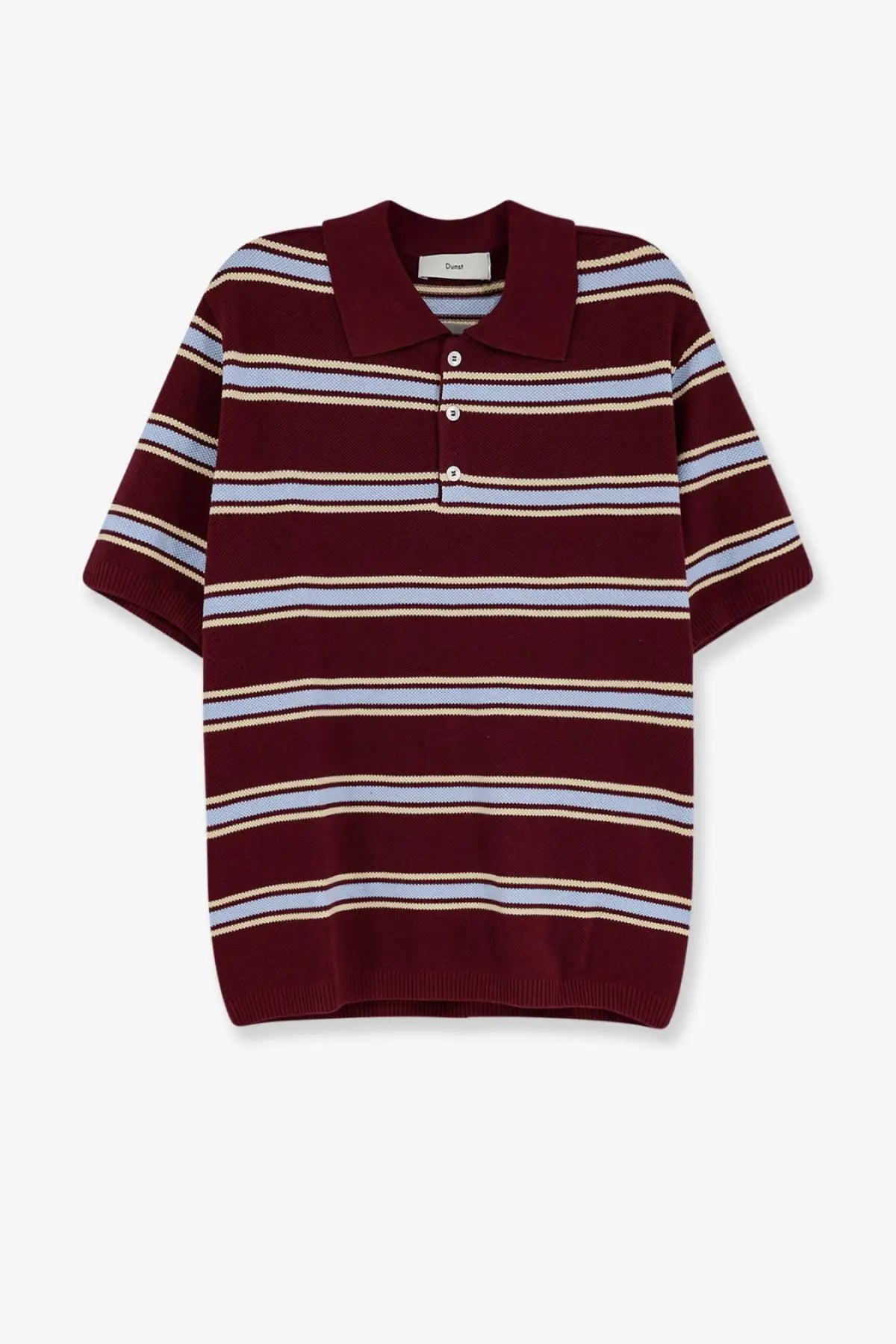 DUNST men’s unisex cotton polo shirt in maroon and light blue stripes with classic collar and button placket
