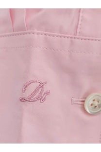 Dunst men’s unisex cotton shirt blue featuring pink embroidered d logo on light pink fabric with off white button