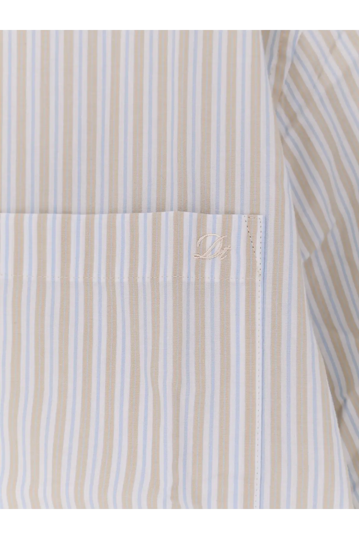 DUNST men’s unisex oversized cotton shirt in beige with light blue stripes and subtle embroidered logo on chest pocket