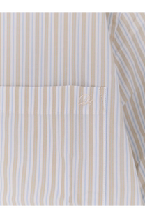 DUNST men’s unisex oversized cotton shirt in beige with light blue stripes and subtle embroidered logo on chest pocket