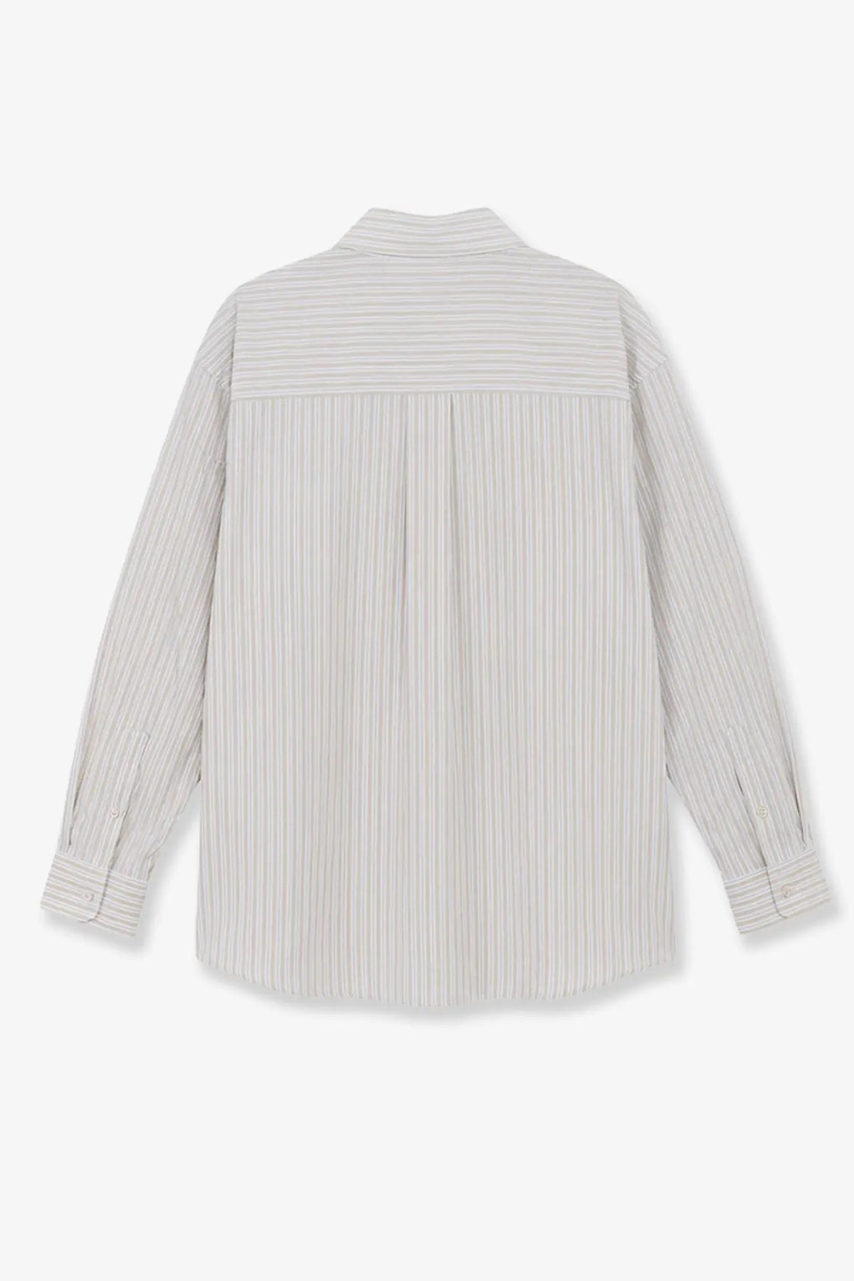 Dunst men’s unisex oversized cotton shirt beige shown from the back with light gray and white vertical stripes and pleated detail