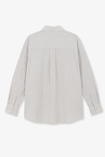 Dunst men’s unisex oversized cotton shirt beige shown from the back with light gray and white vertical stripes and pleated detail