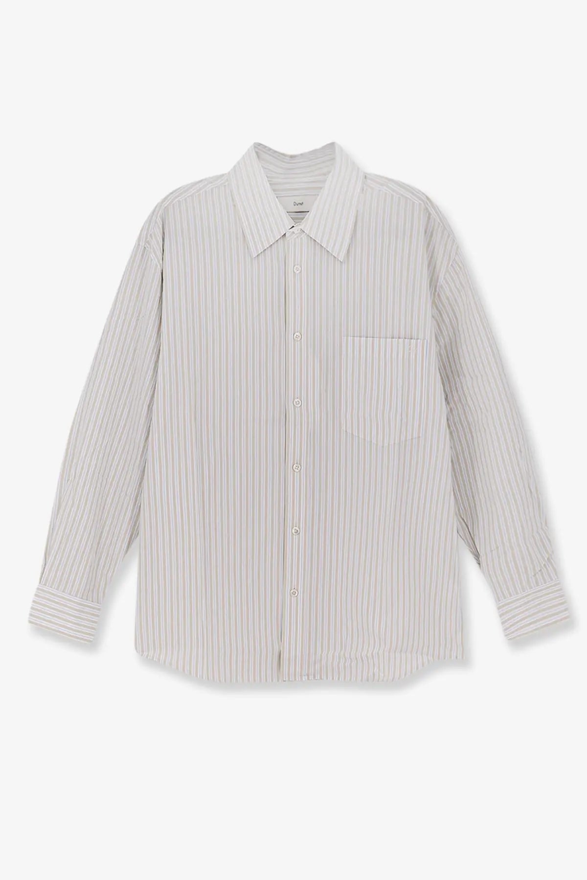 Dunst men’s unisex oversized cotton shirt in beige with long sleeves and fine vertical gray stripes