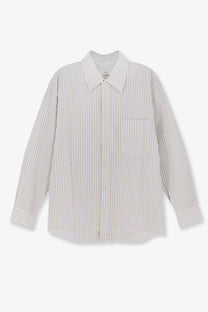 Dunst men’s unisex oversized cotton shirt in beige with long sleeves and fine vertical gray stripes