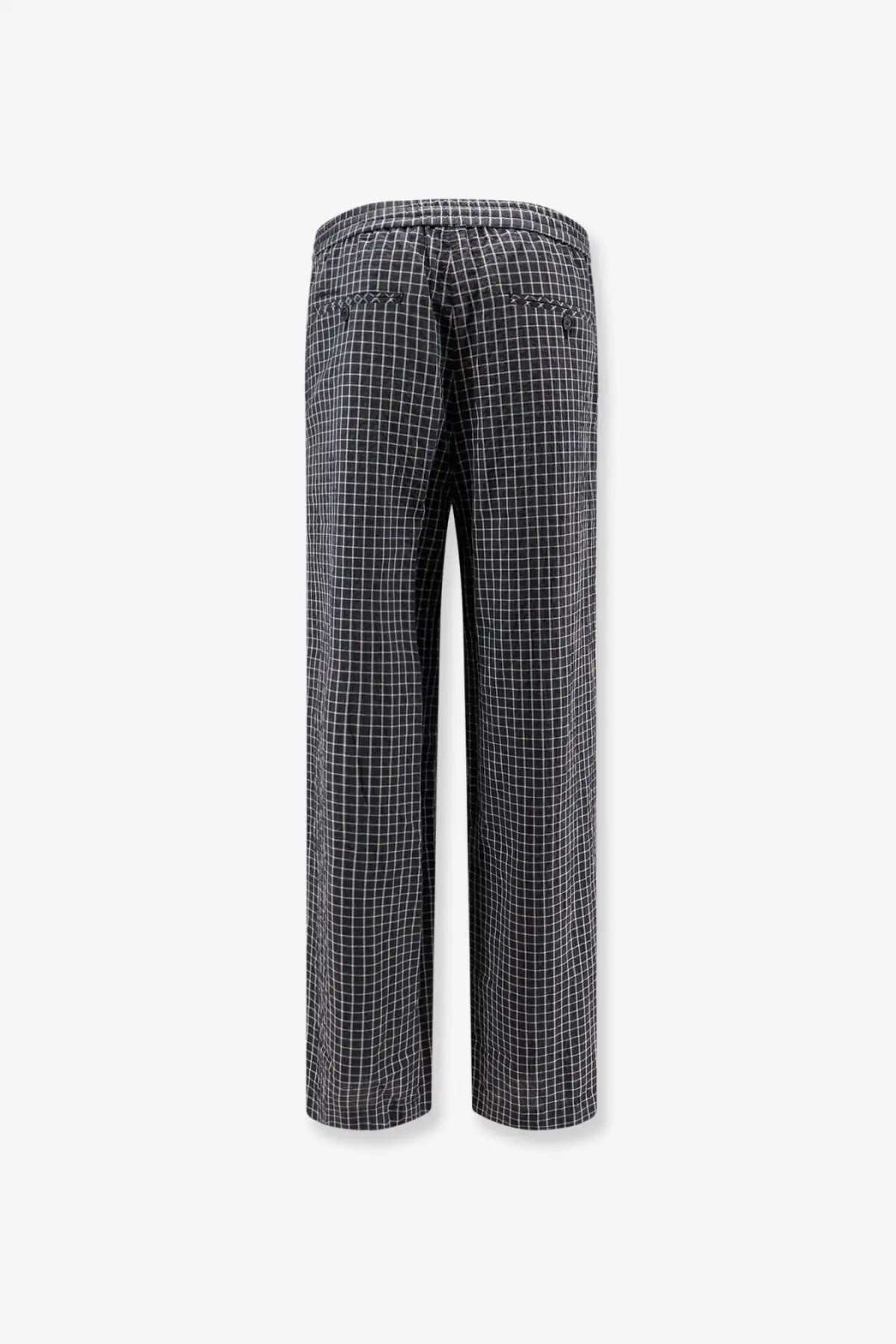 DUNST men’s unisex black pajama trousers with white grid pattern and wide-leg drawstring waistband