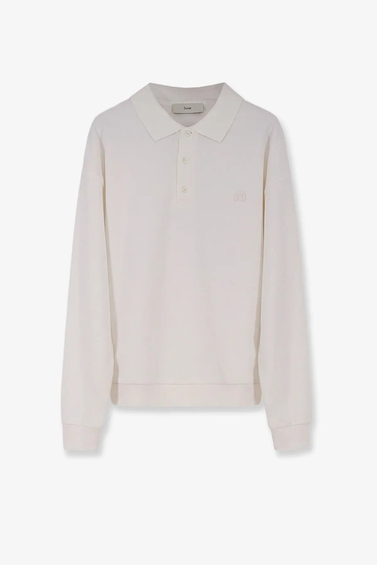 DUNST men’s unisex cream long-sleeved polo shirt with subtle embroidered logo and branded collar tag