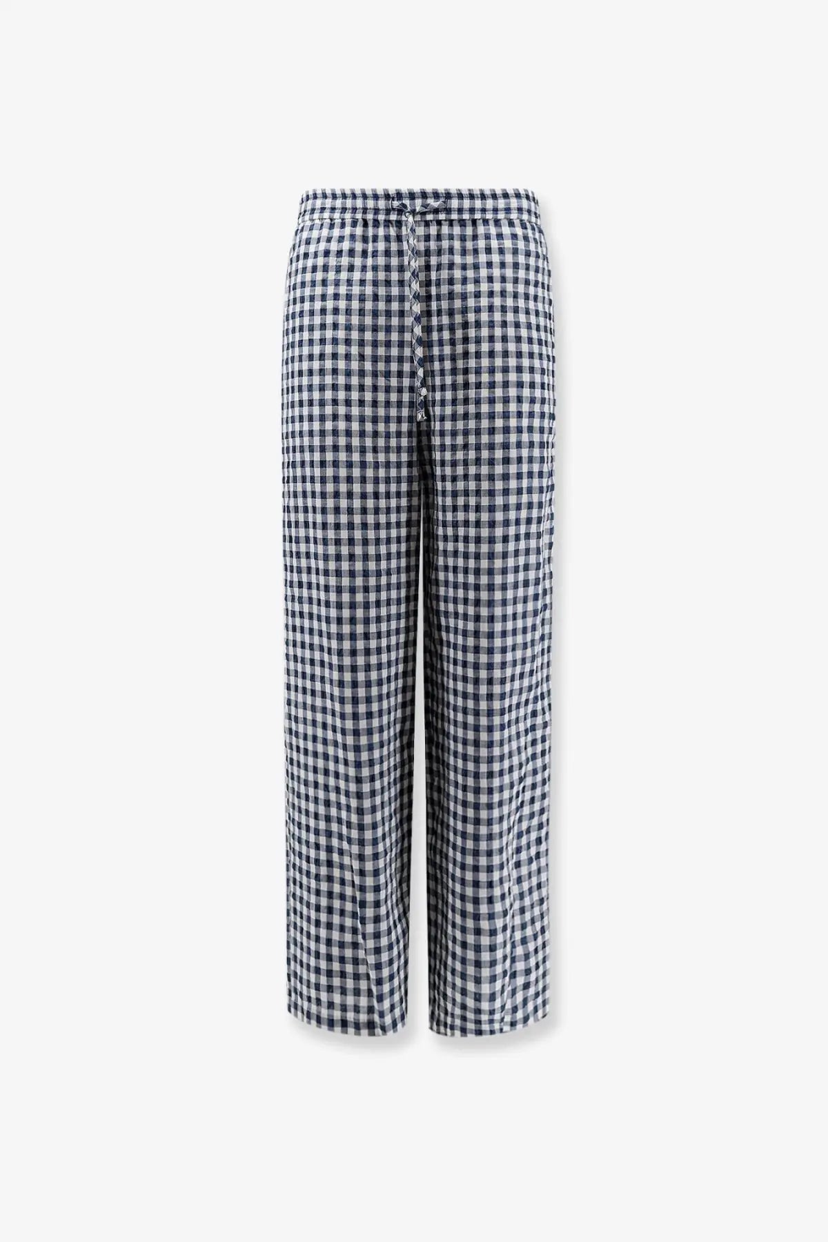 Black and white gingham check wide-leg trousers with elastic waistband from DUNST men’s unisex pyjamas blue collection