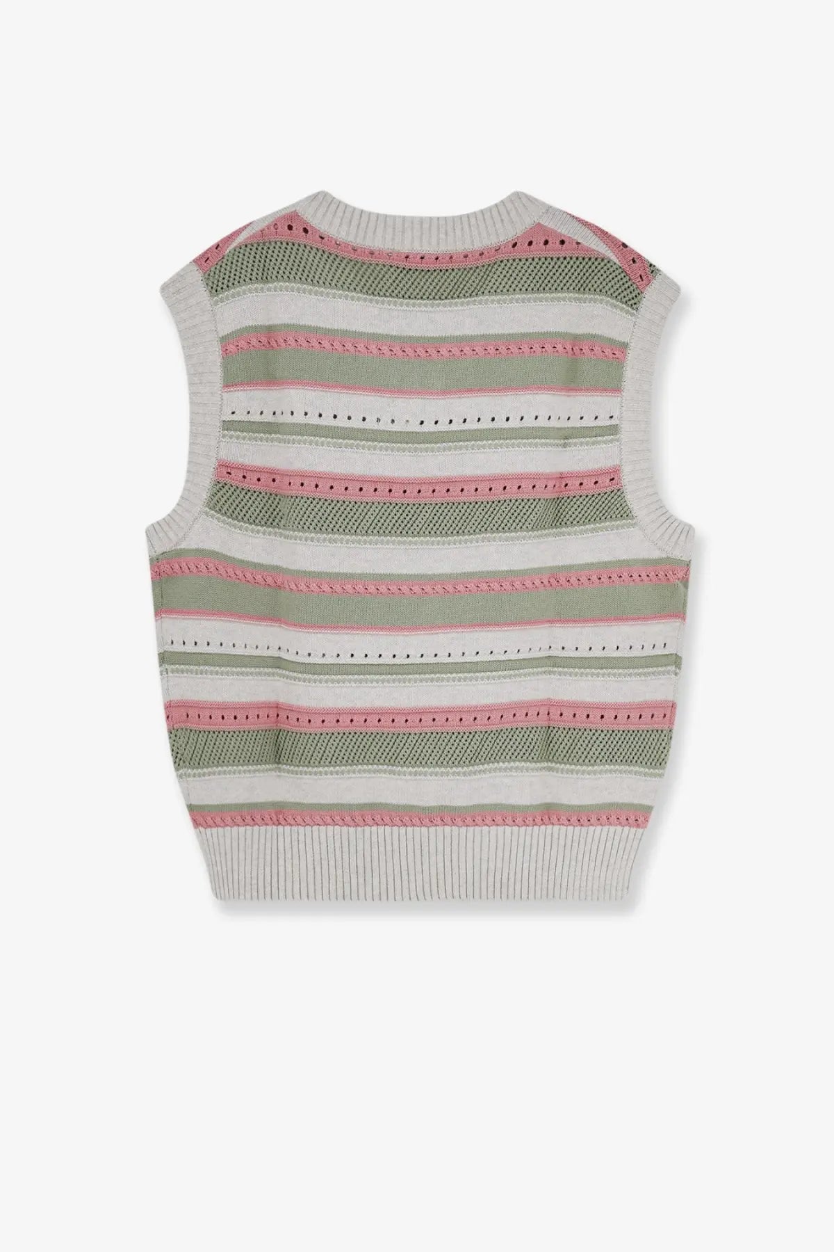 DUNST men’s unisex sleeveless cotton sweater in white with soft pink, muted green, and white horizontal stripes