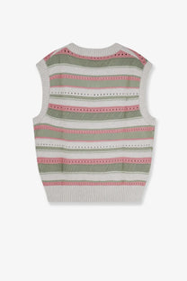 DUNST men’s unisex sleeveless cotton sweater in white with soft pink, muted green, and white horizontal stripes