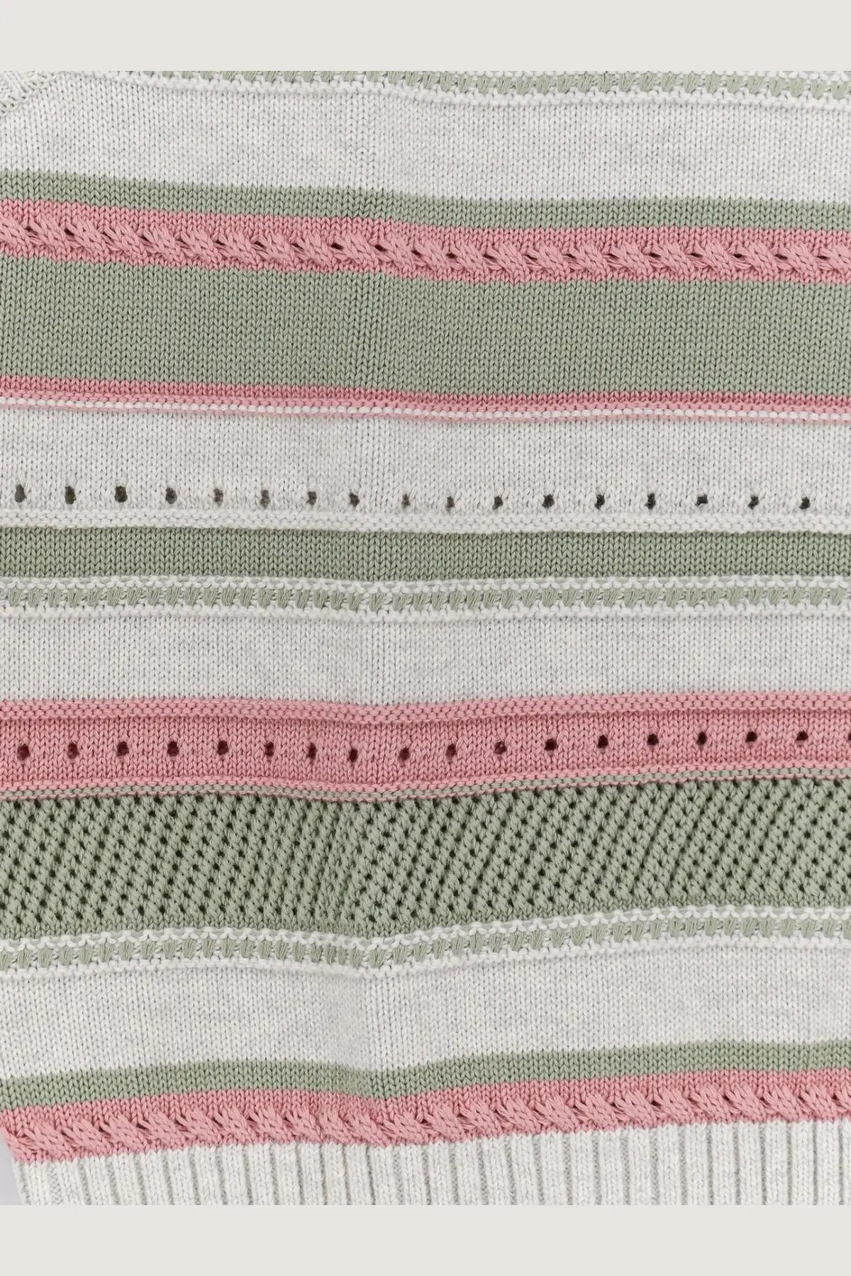 Dunst men’s unisex sleeveless cotton sweater white with soft gray green and dusty pink striped knit and ribbed details