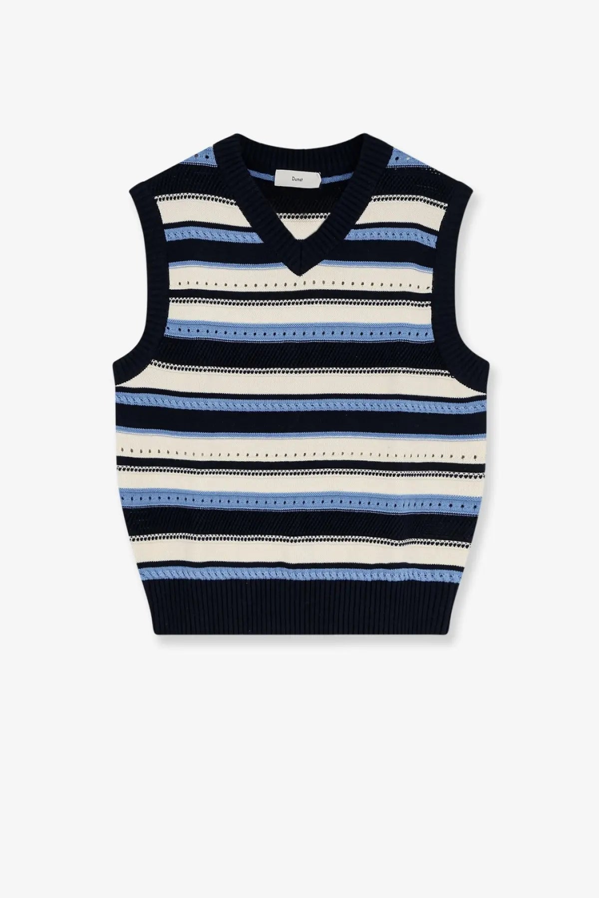 DUNST men’s unisex sleeveless cotton sweater vest in navy blue cream and light blue horizontal stripes with v-neck