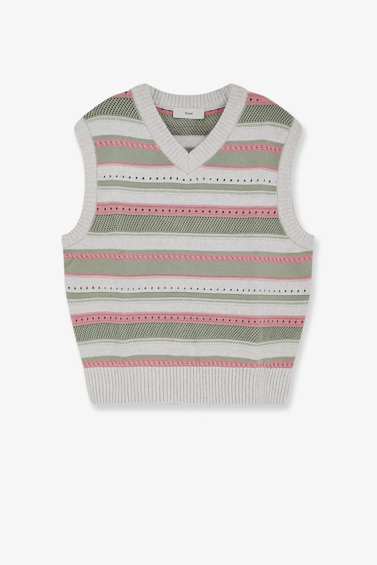 Dunst men’s unisex sleeveless cotton sweater white with v-neck knitted vest featuring pale pink green and off-white stripes