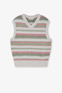 Dunst men’s unisex sleeveless cotton sweater white with v-neck knitted vest featuring pale pink green and off-white stripes