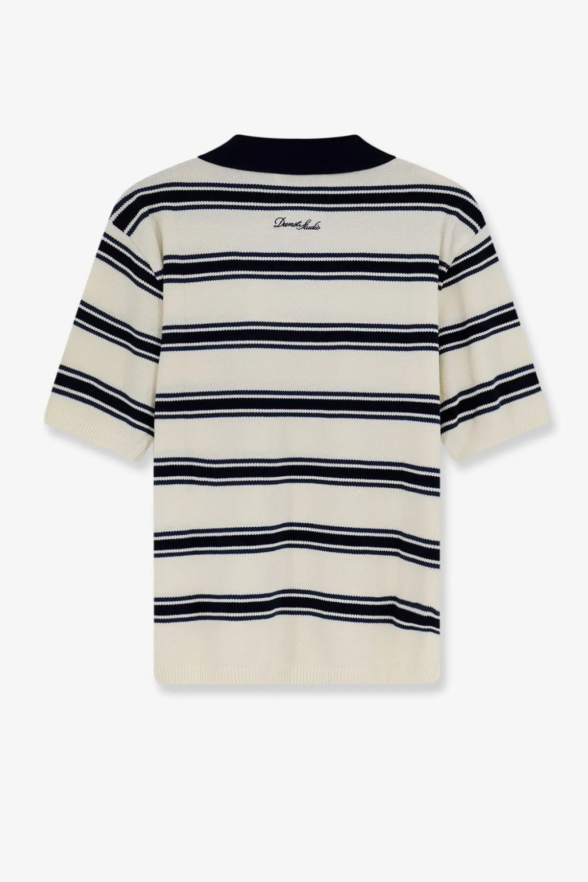 Cream-colored knit cotton polo shirt with navy blue stripes and ribbed collar from dunst men’s unisex collection