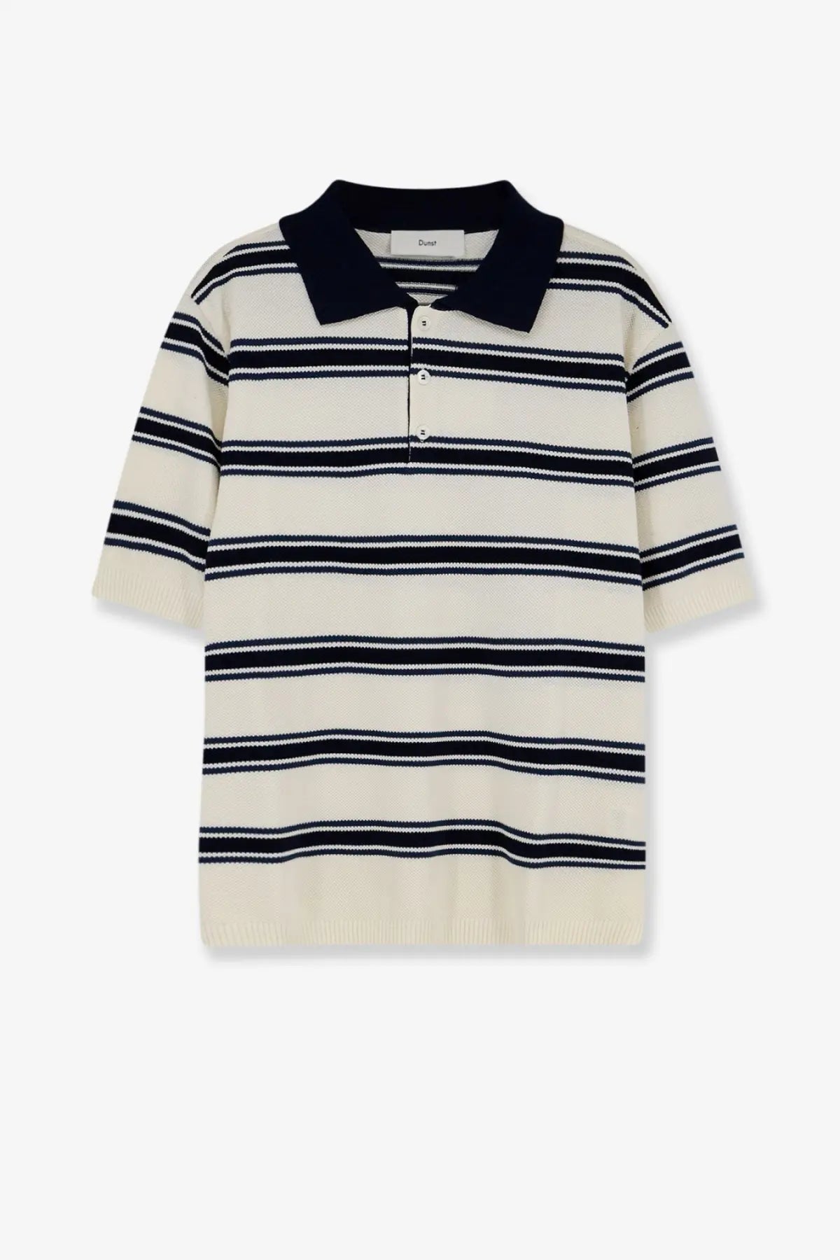 Cream-colored cotton knit polo shirt with navy blue stripes and solid navy collar by DUNST for men and unisex use