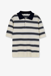 Cream-colored cotton knit polo shirt with navy blue stripes and solid navy collar by DUNST for men and unisex use