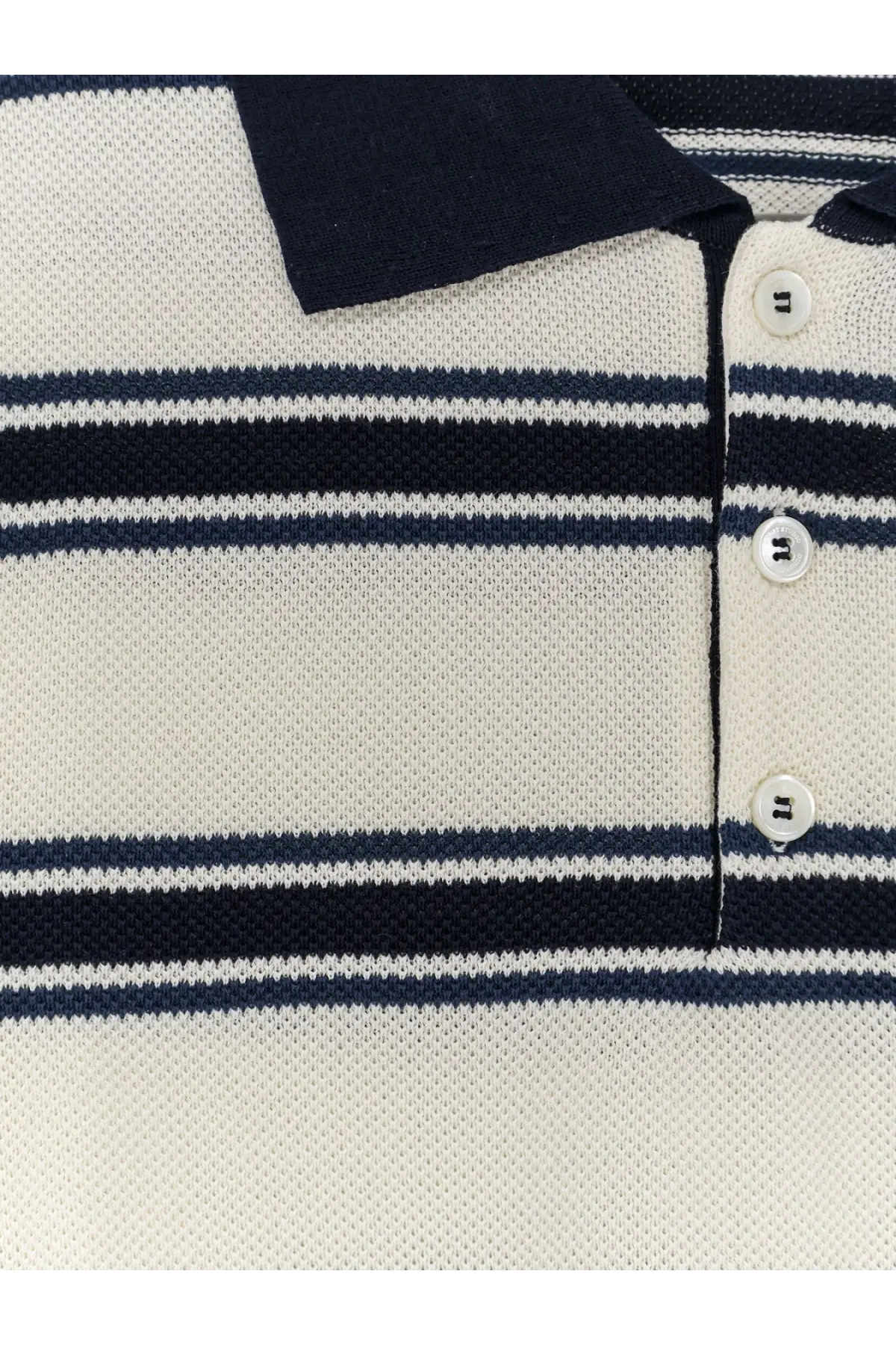 DUNST men’s unisex striped cotton polo shirt in navy and cream with textured knit fabric and white buttons