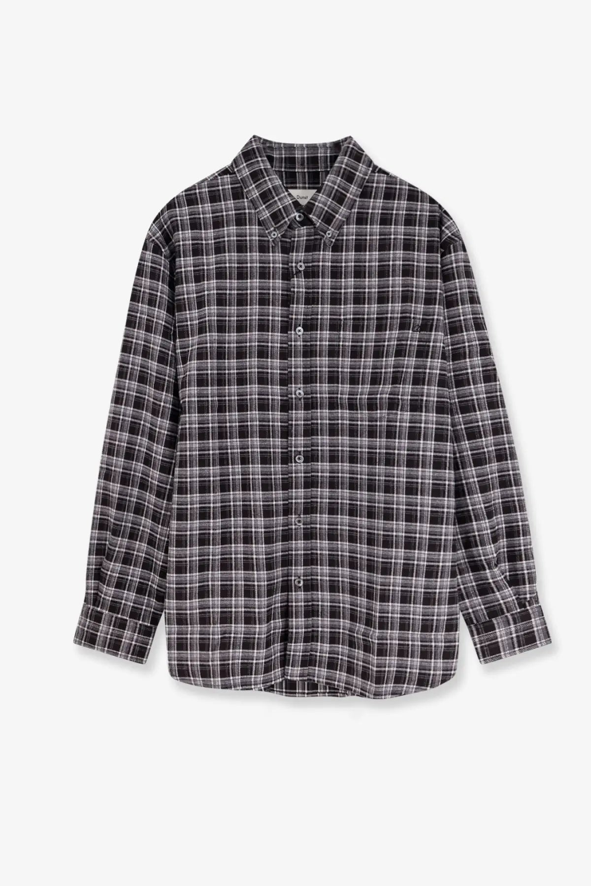 Dunst unisex black and white plaid flannel shirt with long sleeves and a classic collar