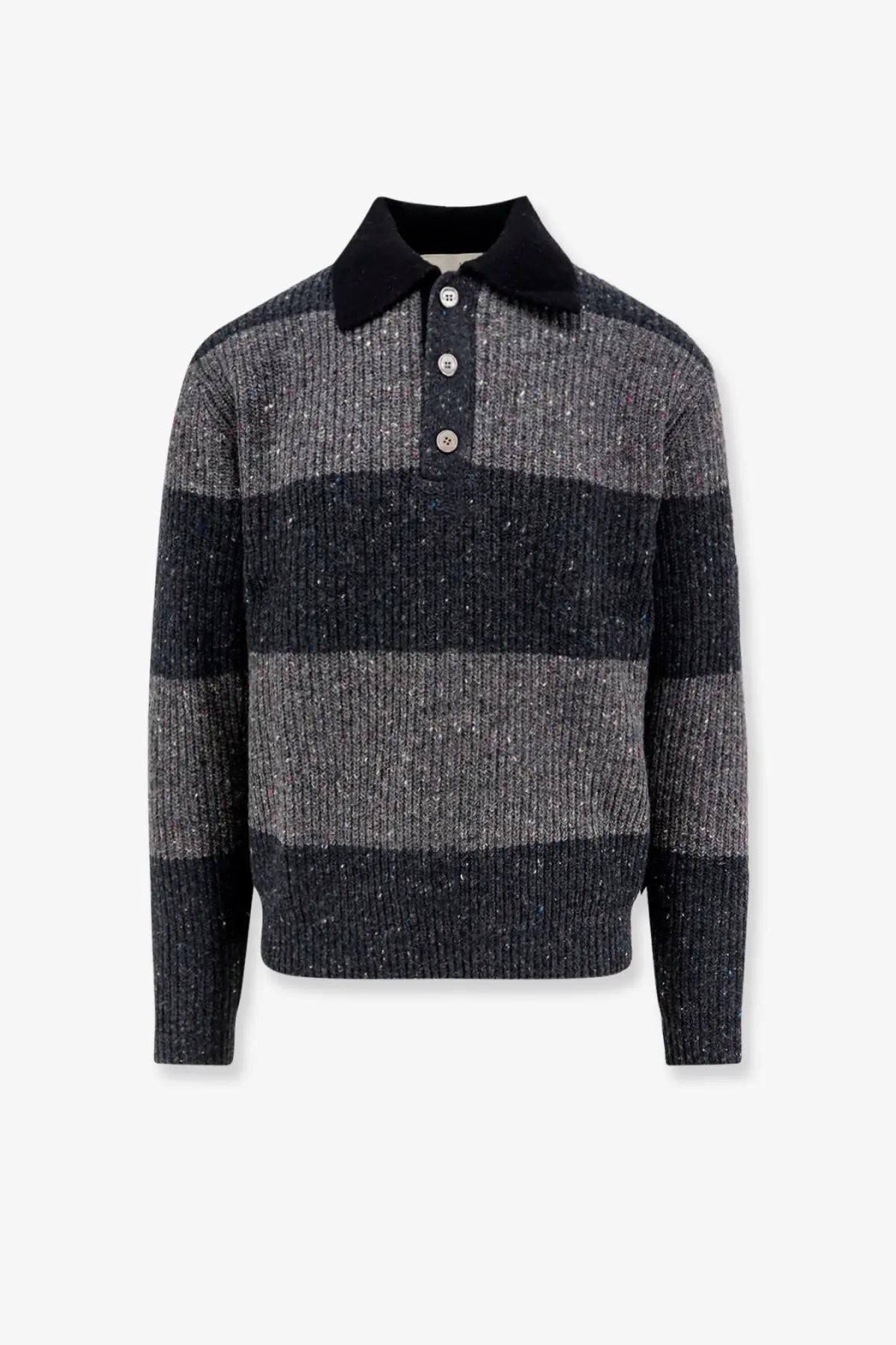 Dunst unisex chunky rugby wool blend sweater in dark gray and black with silver buttons and a contrasting black collar