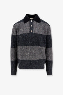 Dunst unisex chunky rugby wool blend sweater in dark gray and black with silver buttons and a contrasting black collar