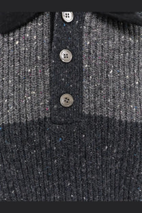 Dark gray chunky rugby wool blend sweater with textured knit and three silver toned buttons by DUNST unisex