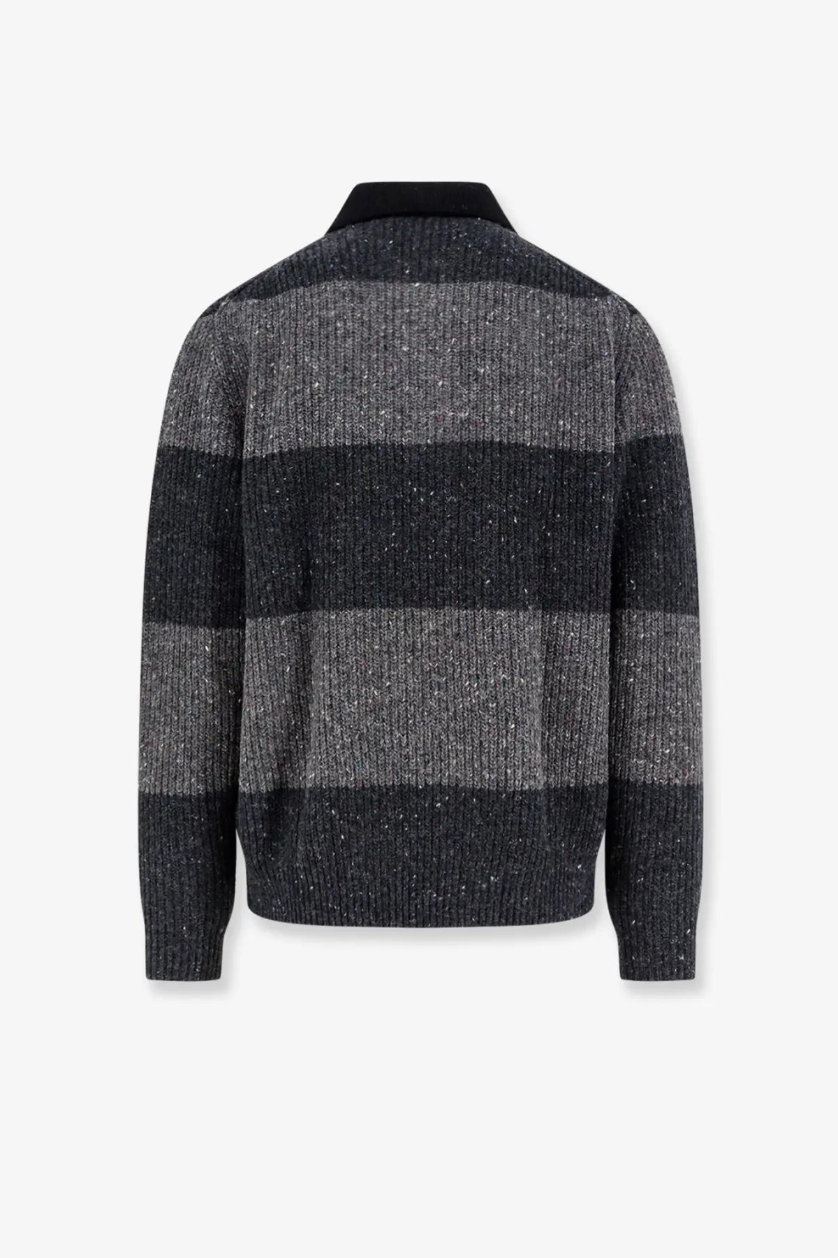 Dunst unisex chunky rugby wool blend sweater in charcoal and gray with ribbed collar and striped knit design