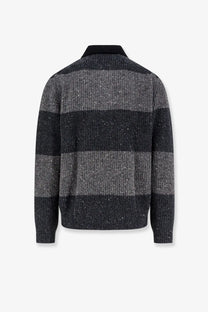 Dunst unisex chunky rugby wool blend sweater in charcoal and gray with ribbed collar and striped knit design