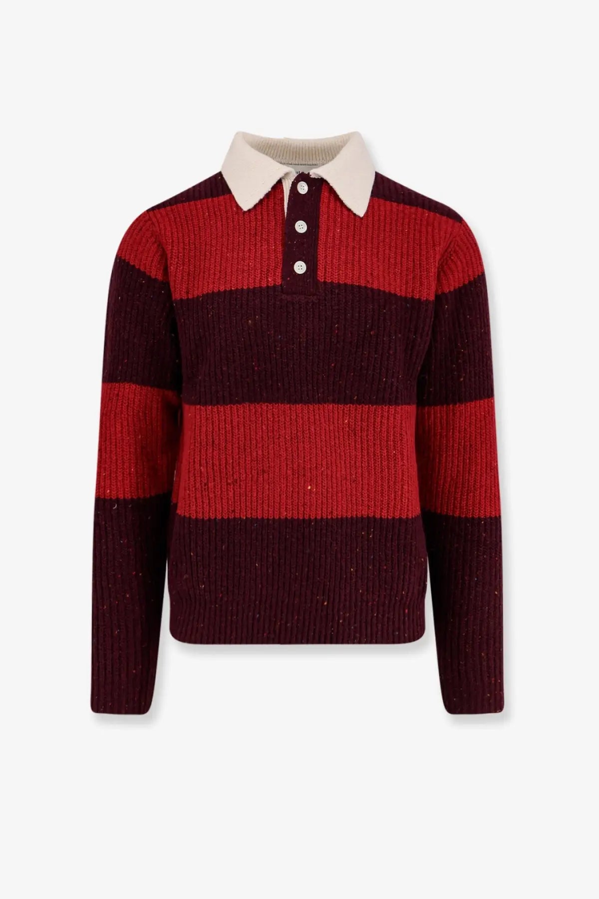 Dunst unisex chunky rugby wool blend sweater in red with maroon stripes and a cream-colored collar