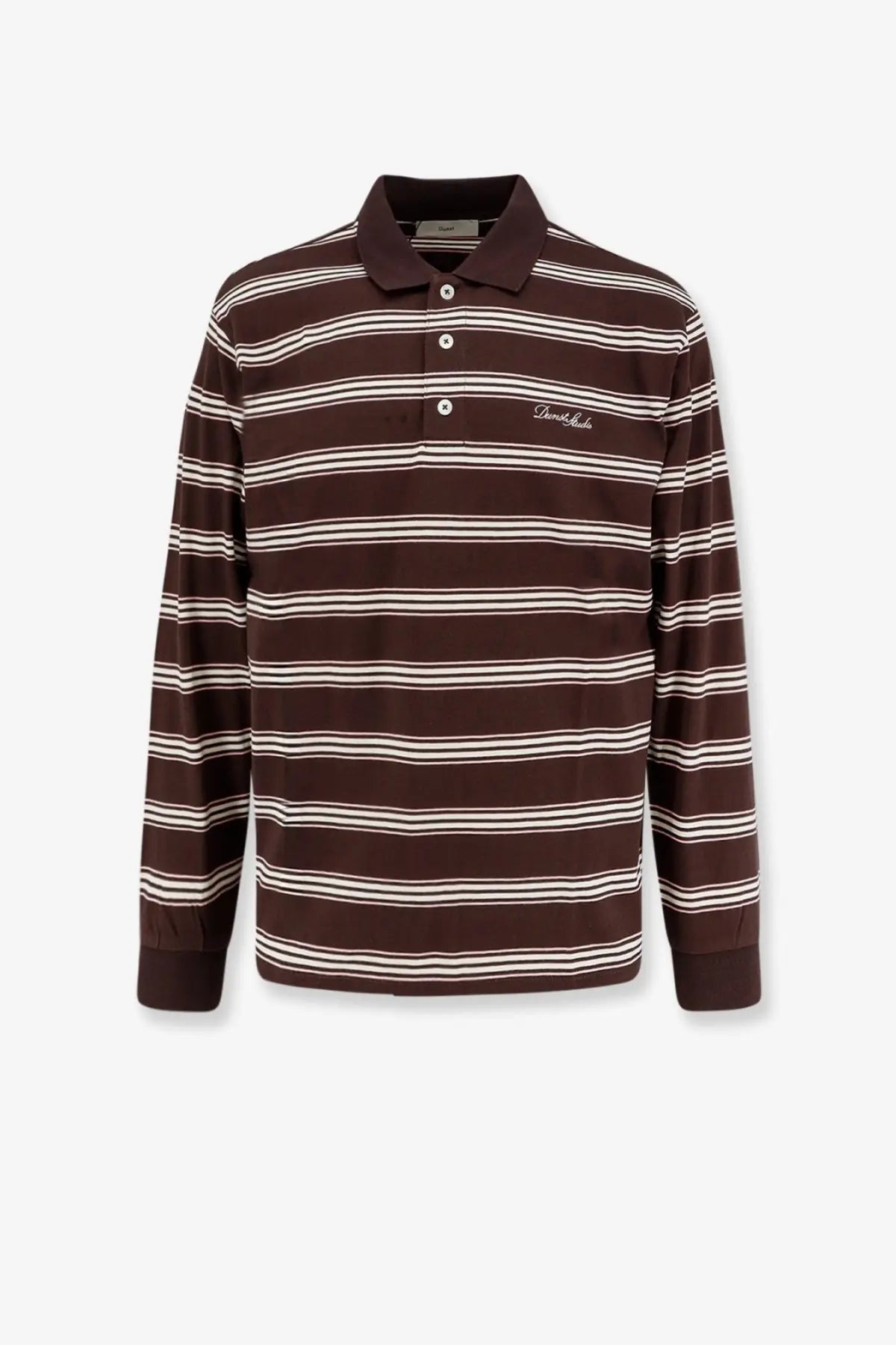 Brown and white striped long-sleeved cotton polo shirt with collar and embroidered logo by DUNST Unisex