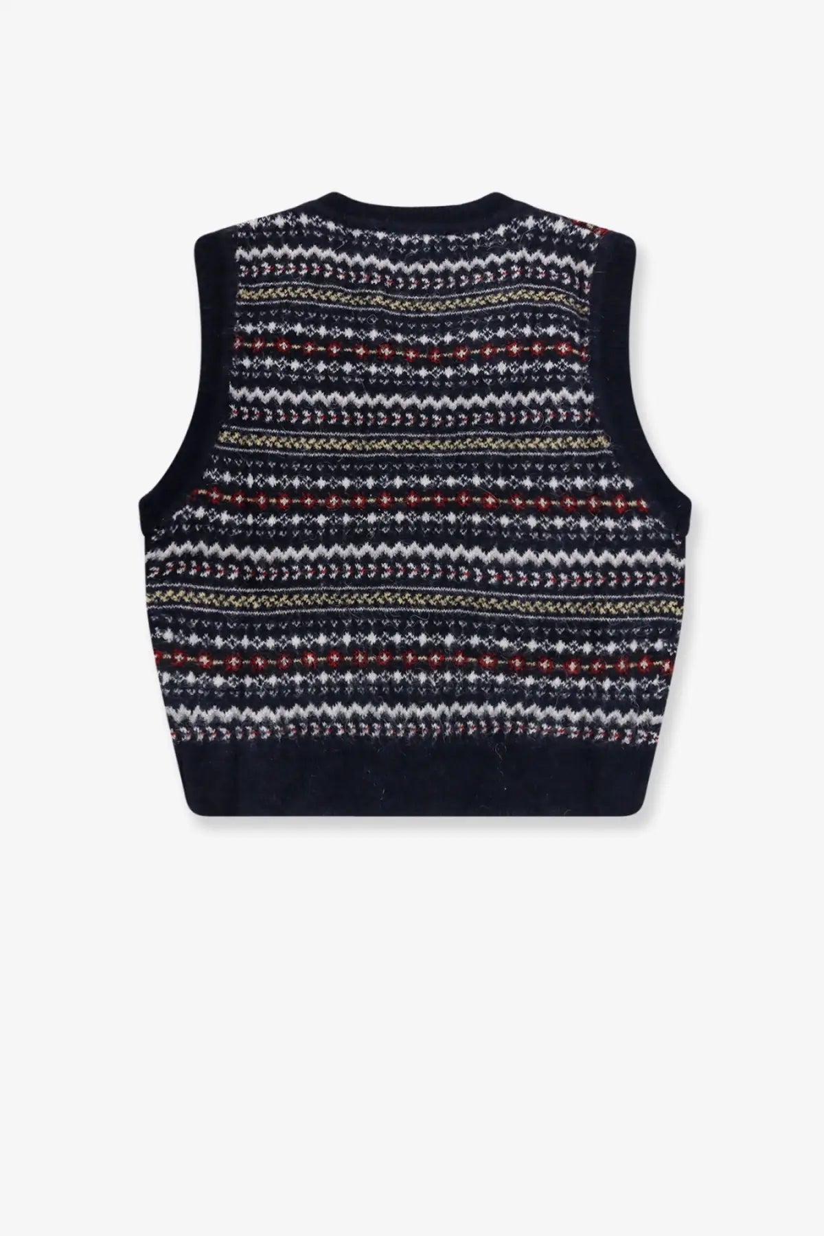 DUNST unisex knit vest in black with intricate white red and beige horizontal stripes for versatile layering