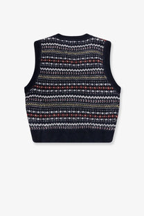 DUNST unisex knit vest in black with intricate white red and beige horizontal stripes for versatile layering