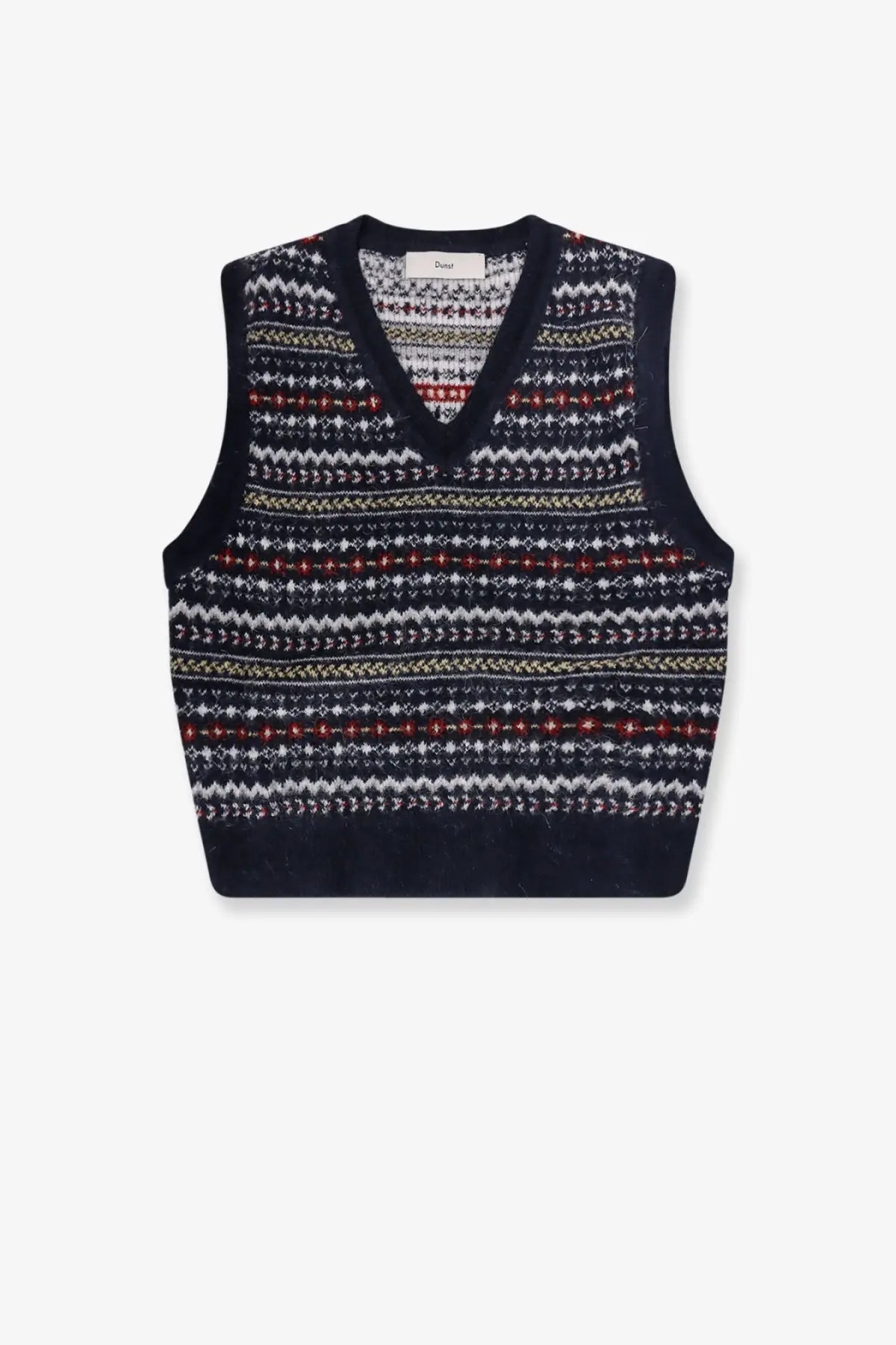 Dark blue knit DUNST unisex vest with v-neck and intricate white red and beige geometric patterns