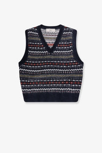 Dark blue knit DUNST unisex vest with v-neck and intricate white red and beige geometric patterns