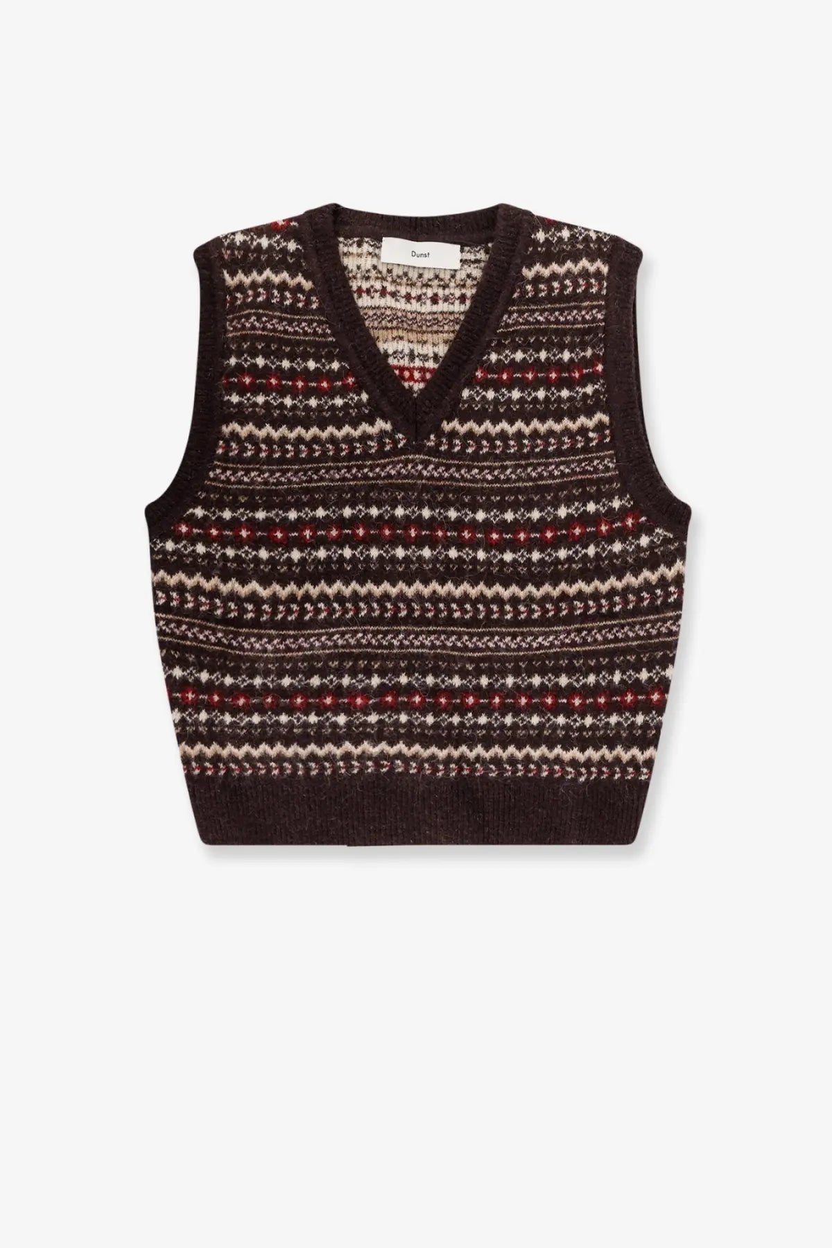 Dunst unisex brown knitted vest with v neck and geometric cream beige burgundy patterns made of soft yarn