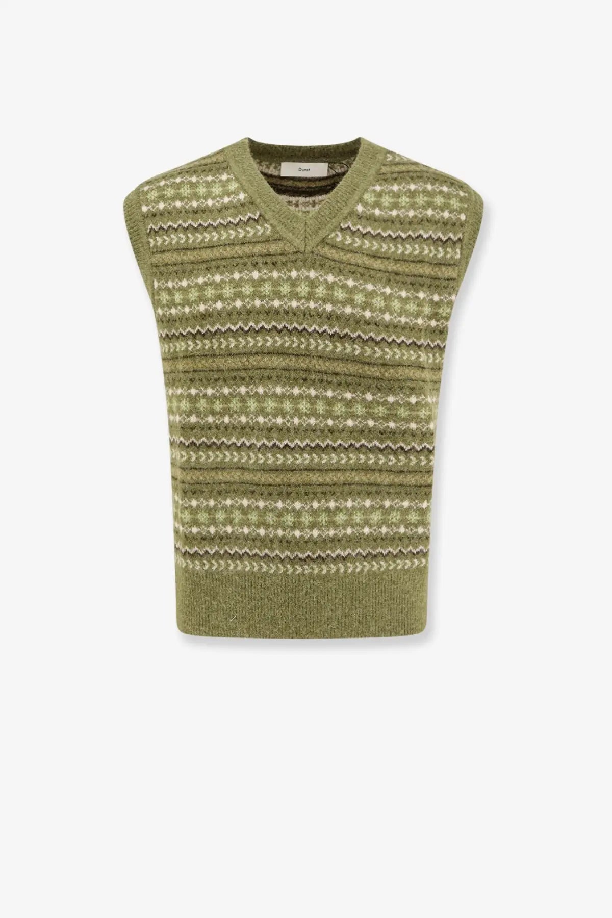 Dunst unisex olive green knit vest with v-neck and cream geometric patterns in soft yarn
