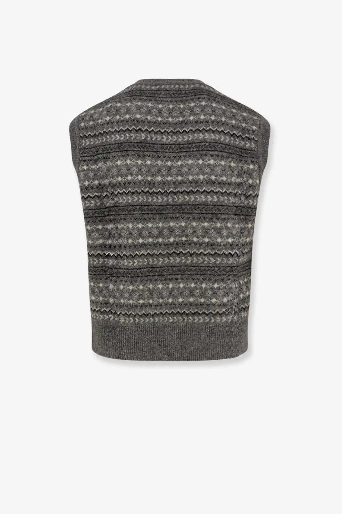DUNST unisex crafted vest grey knit sleeveless sweater with fair isle pattern in lighter geometric bands