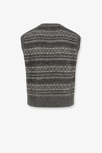 DUNST unisex crafted vest grey knit sleeveless sweater with fair isle pattern in lighter geometric bands