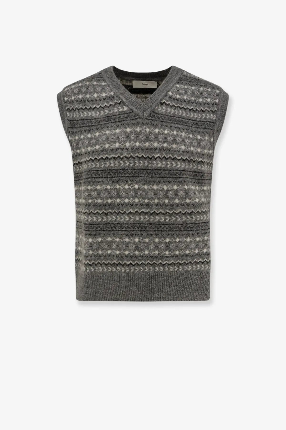 Gray knit vest with v-neck and white and dark gray geometric bands from dunst unisex crafted vest grey collection